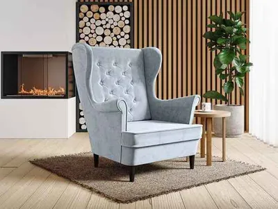 Produktbild von Sessel aus velours mit holzbeine Falco III, Ohrensessel mit Steppung, Knöpfe, Wellenfedern (Stoff: paros 05 - hellgrau, Beinefarbe: Wenge)