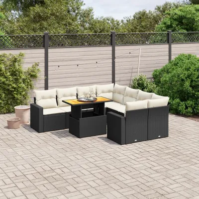Produktbild von Design 9-tlg. Garten-Sofagarnitur mit Kissen Schwarz Poly Rattan, Gartenmöbel-Sets 2024 Neu