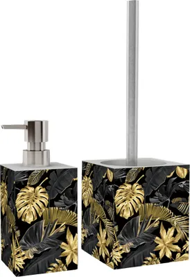 Obrázok produktu pre 2-dielna kúpeľňová súprava dávkovača mydla a WC kefy - Golden Leaves