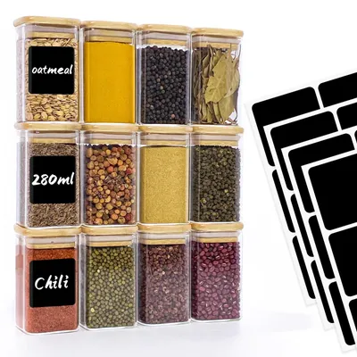Image de Omgoods - Coffret de 12 pots de conservation - Pots en verre de 280 ml - Petits pots carrés avec couvercle en bois - Pots à épices de cuisine empilables - Durables et sans BPA - Dimensions : 6 x 6 x 10,7 cm - Boîtes de rangement