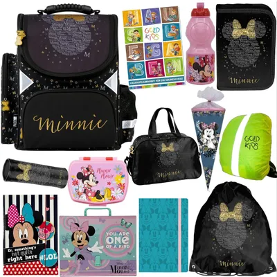 Produktbild von Schulranzen für Jungen und Mädchen - Schul-Rucksack für Kinder mit Federmäppchen - Schuhbeutel und Hausaufgabenheft - Minnie Maus Motiv
