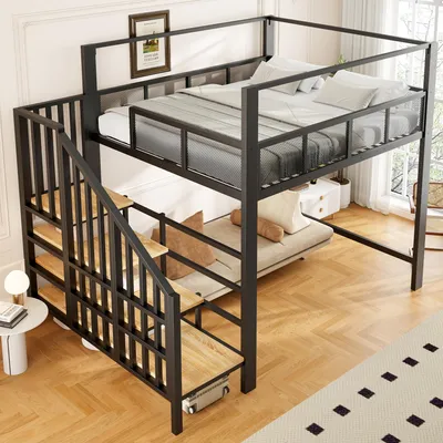 Obrázek produktu pro STILVORA Kovové vysoké lůžko 140x200 cm s baldachýnem, jednolůžko s bezpečnostním žebříkem a pracovním prostorem pod postelí, dětská postel se schodištěm a úložnými prostory, černá barva