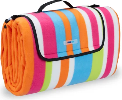 Produktbild von Relaxdays Picknickdecke XXL, 200x200 cm, Fleece Stranddecke, wärmeisoliert, wasserdicht, mit Tragegriff, bunt gestreift