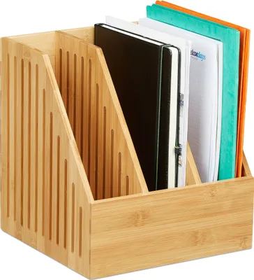 Immagine prodotto di Portariviste Relaxdays in bambù, 3 scomparti, formato A4, per ufficio e scrivania, portariviste, dimensioni: 30 x 28 x 26,5 cm, colore naturale