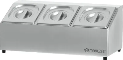 A stainless steel food warmer with three compartments.