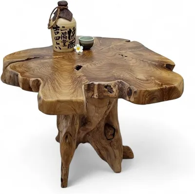 Produktbild von Massivholz Couchtisch ALOR Setar - ? 65-70cm - Holz Beistelltisch aus massivem Teak in rustikaler Optik, mit Tischplatte aus Wurzelholz Baumscheibe (50 x 65-70cm)