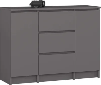 A 3D rendering of a gray dresser with a camera on top.