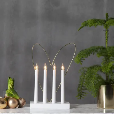 Fensterleuchter 'Glossy Herz' - 4flammig - warmweiße Glühlampen - H: 35cm - Schalter - Weiß/Gold