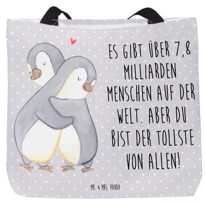 Produktbild von Mr. & Mrs. Panda Tote Bag Pinguine Kuscheln - Grau Pastell - Geschenk, Valentinstag, Tasche, Reisetasche, für Freundin, Schultasche, Beutel, Jahrestag, Büchertasche