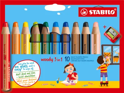 Produktbild von STABILO Buntstift, Wasserfarbe & Wachsmalkreide - woody 3 in 1 - 10er Pack mit Spitzer…