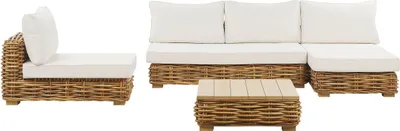 Produktbild von BELIANI Lounge Set Natürlich Rattan 4-Sitzer Linksseitig mit Auflagen Cremeweiß Tisch und Lounger Boho Gartenausstattung Terrasse Outdoor