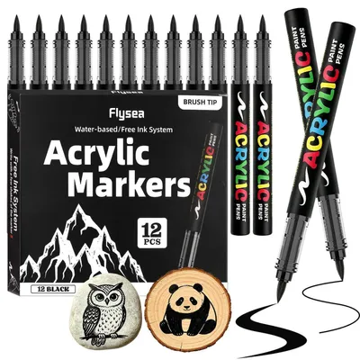 Zdjęcie produktu dla Markery akrylowe, czarne, 12 sztuk, z końcówką pędzelkową, szybkoschnące, do użytku na ceramice, drewnie i szkle