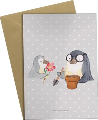 Produktbild von Mr. & Mrs. Panda Glückwunschkarte Pinguin Opa Blumen pflanzen - Grau Pastell - Geschenk, Muttertag, weihnachtskarten, Grüner Daumen, osterkarten, babykarte, Gärtner