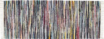 Bunter Baumwollteppich mit weißen Fransen, handgewebt in der Größe 80 x 200 cm. 
