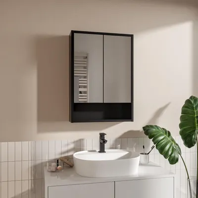 Produktbild von Spiegelschrank Bad 50 x 70 cm Schwarz Badezimmerschrank mit Spiegel Glaseinlegeböden Hängeschrank Modern Wandmontage