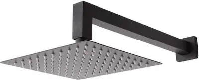 A black square shower head with a black arm mounted on a white background.