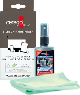 Produktbild von ceragol ultra Bildschirmreiniger Set - Für alle Displays, reinigt und schützt TV, Laptop, PC, Navigation, Tablet, 50ml Spray + Tuch