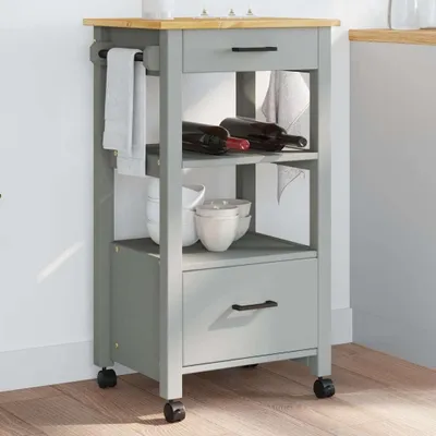 Produktbild von Küchenwagen aus massivem Kiefernholz, 48 x 40 x 88,5 cm, im Vintage-Design mit 2 Schubladen, Lattenablage und 4 Rollen, davon 2 feststellbar