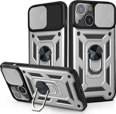 Produktbild von iPhone 14 Hülle mit 360° Drehbarer Magnetische Ring Ständer Halter Dia Kameraschutz TPU Bumper Silikon Schutzhülle für iPhone 14 Silber