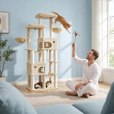 Produktbild von Fobyfurny Kratzbaum, 213 cm XXL Katzenbaum, 2 Extra Große Plattformen, 2 Große Höhlen, 10 Kratzstämme, 2 Hängematten, Korb, Katzenbürsten, Pompons