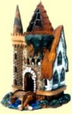 Eine detaillierte verfallene Wasserburg. Der Stil deutet auf eine mittelalterliche Zeit hin. 