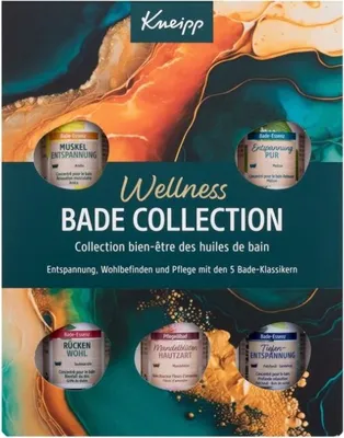 A collection of bath oils in small bottles, presented in a box with artistic background imagery.
