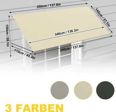 Produktbild von UISEBRT Fallarmmarkise 350x145 cm Beige – Wandmontierte Balkonmarkise mit robustem Aluminiumrahmen & wasserabweisendem Stoff, ideal für Fenster, Terrasse oder Bistro