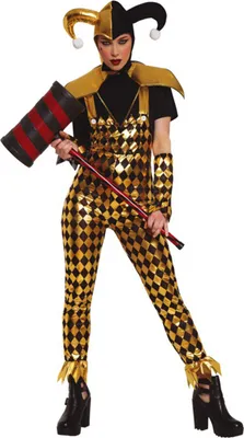 Produktbild von Clown Harlekin Kostüm Halloween Witzbold Schwarz Gold Glockenmütze, Größe: 38 - 40 (M)