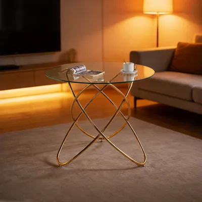 Produktbild von Esstisch mit goldenen Metallbeinen und Hartglas, moderner, platzsparender Küchentisch für das Wohnzimmer, Metallbeine in Goldfarbe