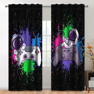 Productafbeelding van Kindergordijnen Astronauten - Decoratie gordijnen - Kamer versieren - Digitale warmtedruk - 107 x 160 cm - Zwart