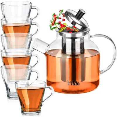 Produktbild von Vilde | Kanne mit Teesieb - Glas - 1,2 l - mit Gläsern mit Henkel 250 ml - 6 Stück