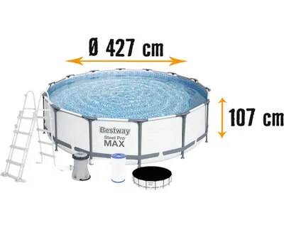 A round frame pool with accessories and dimensions indicated.