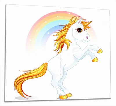 Produktbild von Wallario Herdabdeckplatte aus Glas, Größe 60 x 52 cm 2-teilig, Motiv Weißes Einhorn vor einem Regenbogen