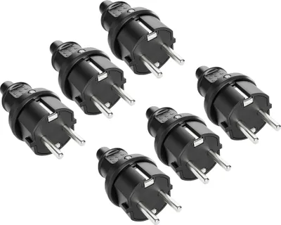 Produktbild von greate 6x Schuko Stecker Aussenbereich mit Knickschutz - Schukostecker Gummi mit Zugentlastung, 2-polig, 230V, 16A & 3,7kW - IP44 Schukostecker Außenbereich schwarz - Schutzkontakt Stecker 230V