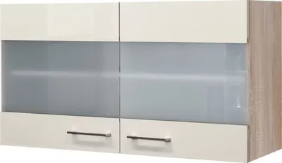A wall-mounted kitchen cabinet with two doors and two drawers.
