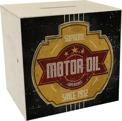 Produktbild von Motor Oil Benzin Spardose aus Holz im Used-Look