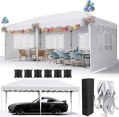 Imagen del producto de Pabellón de 3x6 metros, impermeable y estable. Pabellón plegable de 3x6 metros. Tienda de jardín con 6 paneles laterales. Protección UV 50+. Tienda de fiestas de tela Oxford 420D. Pabellón de jardín resistente al invierno, con altura ajustable. Pabellón para bodas, mercados, color blanco
