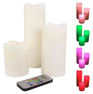 Produktbild von 3er-Set LED-Wachskerzen mit Farbwechsler & Fernbedienung flackernd Stumpenkerze