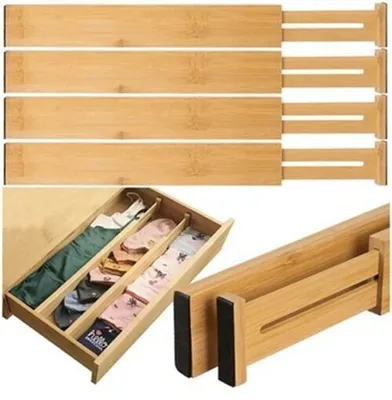 Produktbild von GKA 4 Stück Holz Bambus Schubladen Organizer Schubladentrenner Teleskop 42-56 cm