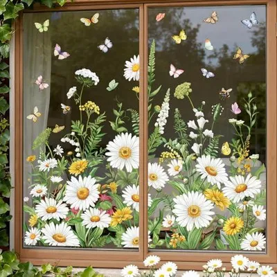 Produktbild von wondever Fenstersticker Frühling Gänseblümchen Fenster Aufkleber Blumen Weiße Schmetterlinge Sommer Fensterbilder Blumenwiese Fensteraufkleber Anti-Kollision Doppelseitig Glasaufkleber Glas Deko