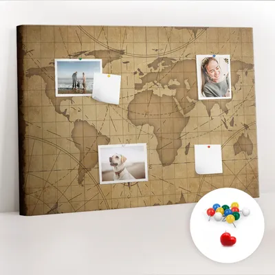 Obrázek produktu pro Korková nástěnka s kolíčky - Tabule s kolíky pro fotografie a poznámky - 100x70 cm - Připínáčky barevné 100 kusů - Vintage mapa světa