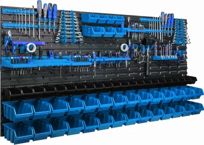 Produktbild von Lagersystem Wandregal 173x78cm, Werkzeughalterungen,  57 stck. Stapelboxen Schüttenregal Sichtlagerkästen, Extra Starke Wandplatten, Regal Erweiterbar, Werkstattregal Lagerregal Werkstattwandregal Ste