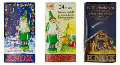 Produktbild von KNOX - 3er Set Räucherkerzen Tannenduft / Weihrauch-Myrrhe / Weihrauch-Sandel - Inhalt jeweils 24 Stück, Größe M (Standard)