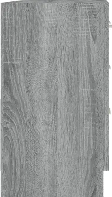 A close-up side view of a gray wood-grain textured cabinet.