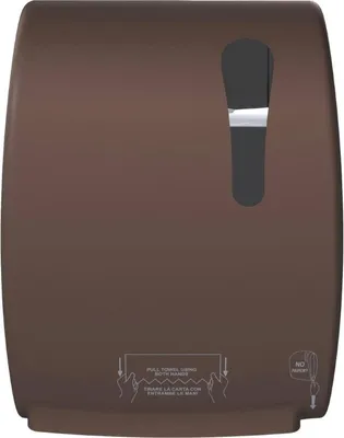 Papierhandtuchspender in braun mit Sensor-Automatik & Aufdruck als Bedienungshinweis