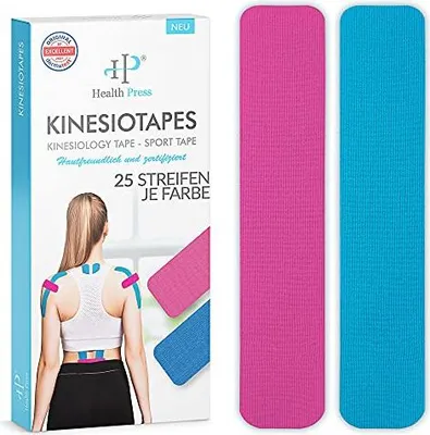 Produktbild von Health Press Kinesiotapes - 50 Kinesiologie Tape Streifen Precut Blau + Rosa (25cm x 5cm)