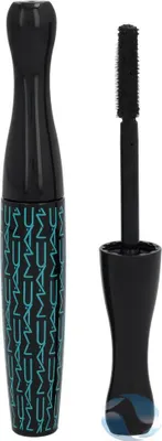 A black mascara tube with a teal pattern and its applicator wand are shown against a white background.