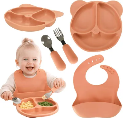 Produktbild von Silikon Geschirr Set Kinder Orange 4 tlg Teller Löffel Gabel Lätzchen Baby Geschirr Esslernset Kinder