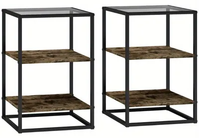 Obrázek produktu pro Přístavní stolek – Rustikální hnědý boční stolek a noční stolek se skleněnou deskou a 3 úrovněmi úložného prostoru