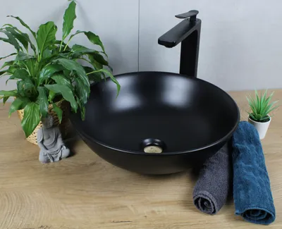 Produktbild von Keramik Waschbecken rund Ø 400 x 145 schwarz matt ohne Überlauf Aufsatzwaschbecken ohne Zubehör